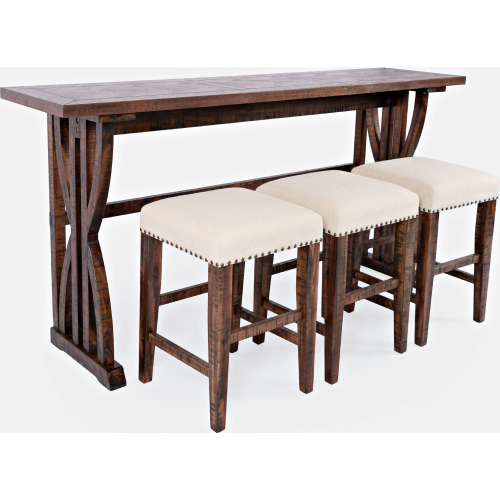 Fairview Counter Sofa Table Set with 3 Stools in Distressed Oak Finish